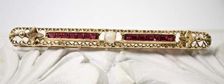 Antique 14K Filigree Bar Pin with Garnets and Pearl