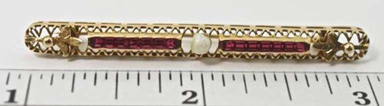 Antique 14K Filigree Bar Pin with Garnets and Pearl