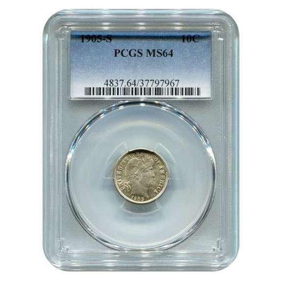 Certified Barber Dime 1905-S MS64 PCGS