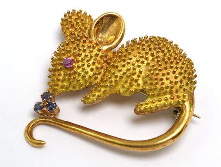 18KT Yellow Gold Mouse Pin w/ Ruby & Sapphire Accents