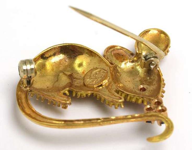 18KT Yellow Gold Mouse Pin w/ Ruby & Sapphire Accents