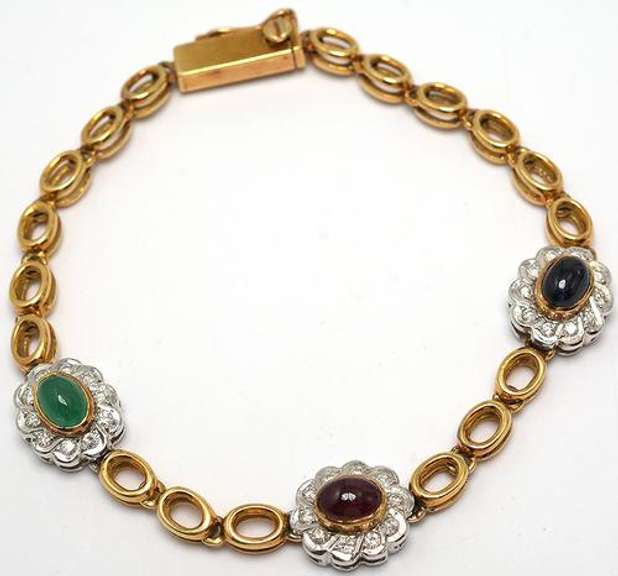 18KT Emerald, Ruby, & Sapphire Bracelet with Diamonds