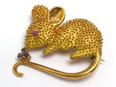 18KT Yellow Gold Mouse Pin w/ Ruby & Sapphire Accents