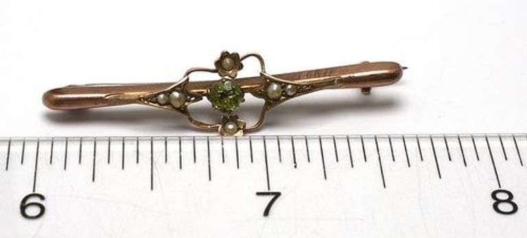 Antique Peridot & Pearl Bar Pin