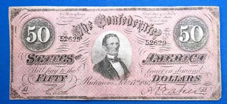 Red 1864 $50 Confederate Note, Lightly Circulated