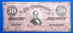 Red 1864 $50 Confederate Note, Lightly Circulated