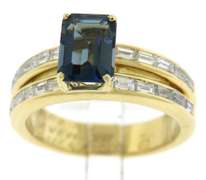 Pleasing 18kt London Blue Topaz w Baguette Diamond Ring