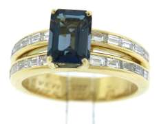 Pleasing 18kt London Blue Topaz w Baguette Diamond Ring