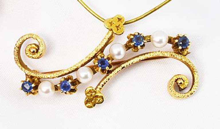 Unusual 14k Pearl & Sapphire Vintage Brooch