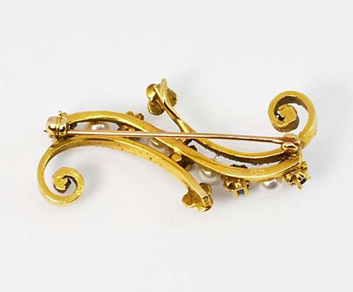 Unusual 14k Pearl & Sapphire Vintage Brooch