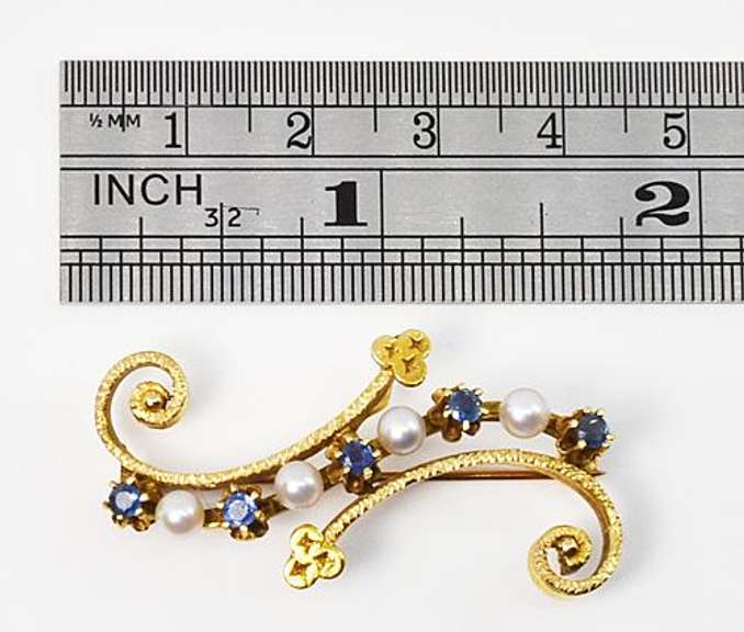 Unusual 14k Pearl & Sapphire Vintage Brooch