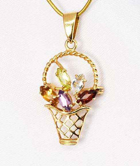 Colorful 14k Flower Basket Pendant or Pin