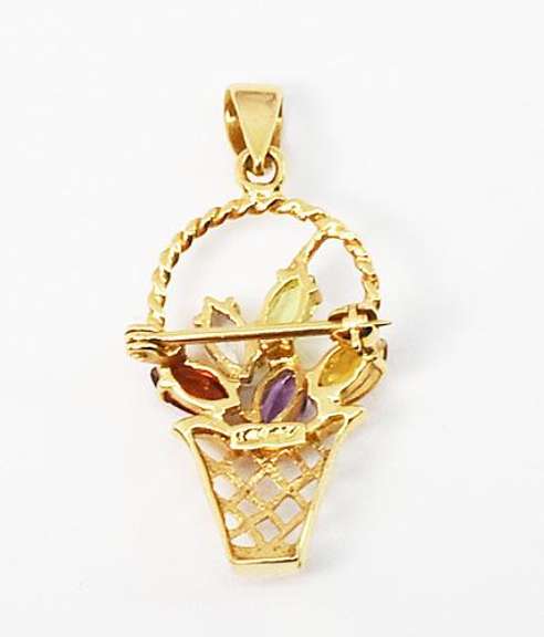 Colorful 14k Flower Basket Pendant or Pin