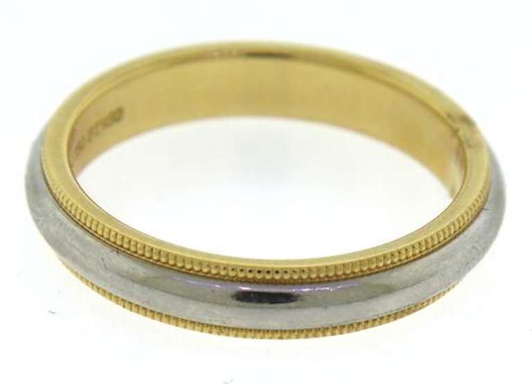 Sophisticated 18kt YG & Platinum Tiffany & Co. 4mm Milgrain Wedding Band Ring