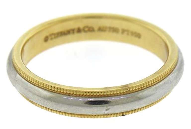 Sophisticated 18kt YG & Platinum Tiffany & Co. 4mm Milgrain Wedding Band Ring