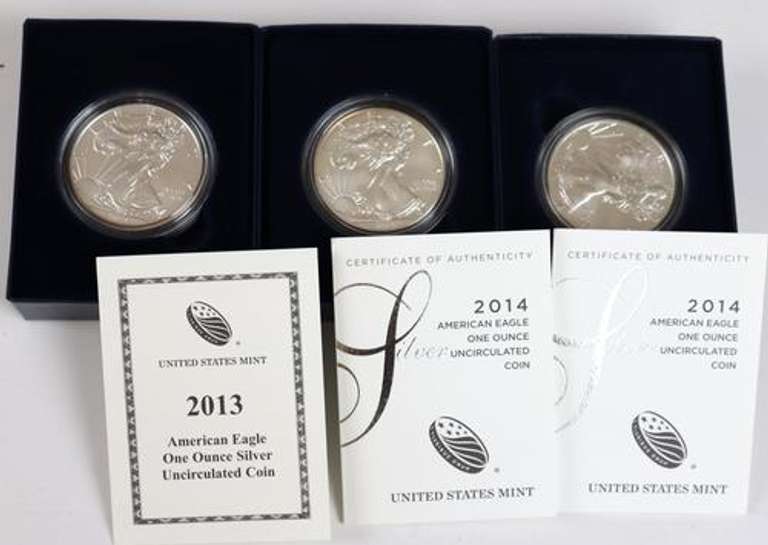 3 Burnished Unc Silver Eagles With Boxs And Papers
