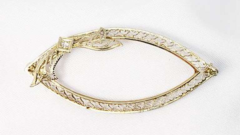 Unusual 14k WG Filigree Antique Brooch