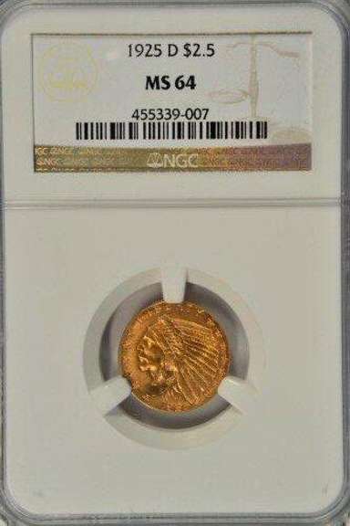 Basically Gem BU 1925-D US $2.50 Indian Gold. NGC MS64