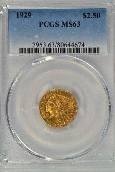 Very Choice BU 1929 $2.50 Indian Gold Piece. PCGS MS63