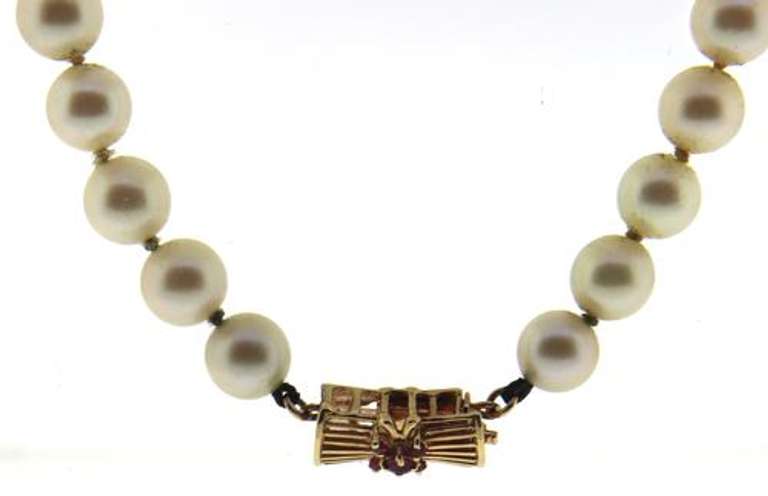 Fancy 14kt YG  6.5-7mm Pearl Necklace with Detailed Ruby Clasp