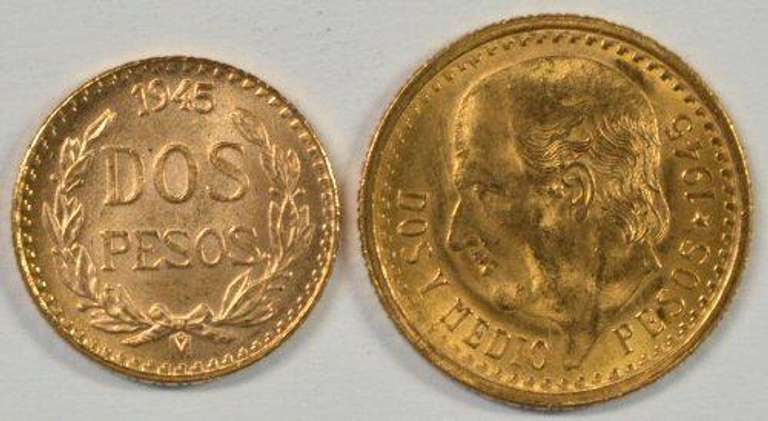 Gem BU 1945 Mexico 2 Pesos & 2.5 Pesos Gold Pieces