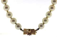 Fancy 14kt YG  6.5-7mm Pearl Necklace with Detailed Ruby Clasp