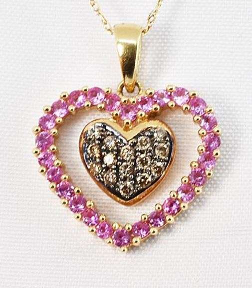 Adorable Pink Sapphire & Dia. 14K  Heart Necklace