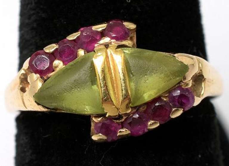 Unique Vintage Peridot & Ruby Ring in 14KT Yellow Gold