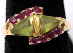 Unique Vintage Peridot & Ruby Ring in 14KT Yellow Gold