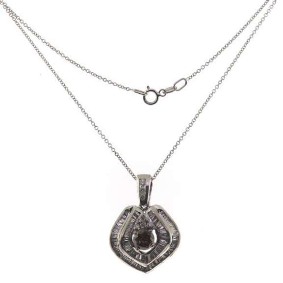 Shimmering 14kt WG Round Center with Double Baguette Halo Diamond Pendant