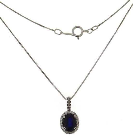 Fancy White Gold Sapphire w Diamond Halo Necklace