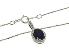 Fancy White Gold Sapphire w Diamond Halo Necklace