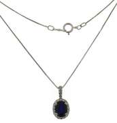 Fancy White Gold Sapphire w Diamond Halo Necklace