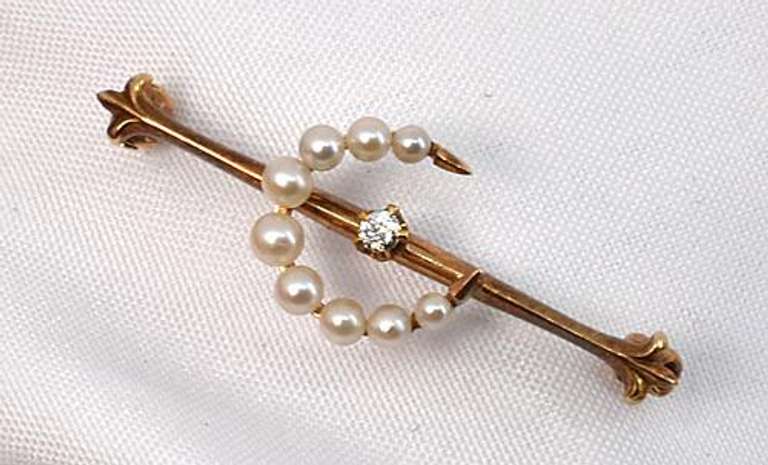 Sweet Antique Pearl & Dia. Crescent Brooch