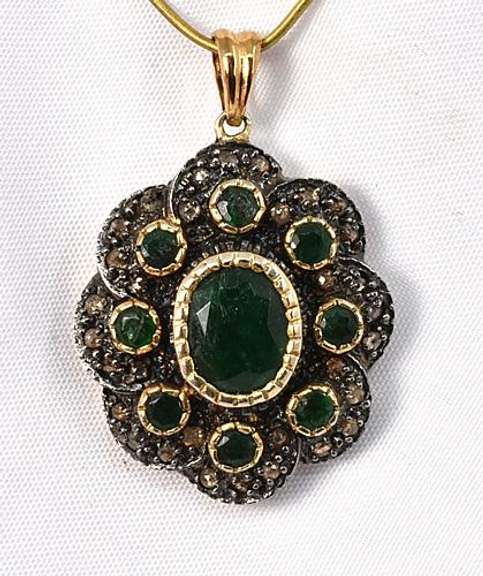 Vintage Emerald Pendant in .925 Silver & 14K