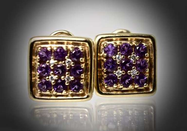 Amethyst and Diamond 14K Square Button Earrings