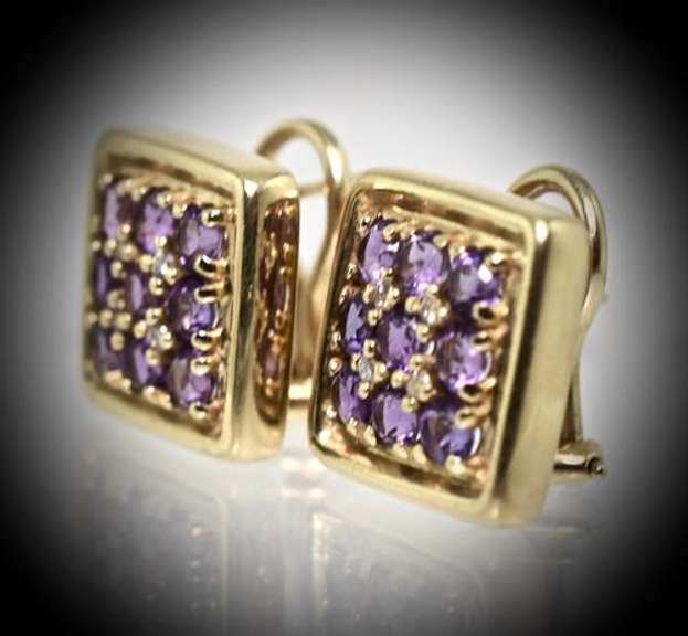 Amethyst and Diamond 14K Square Button Earrings