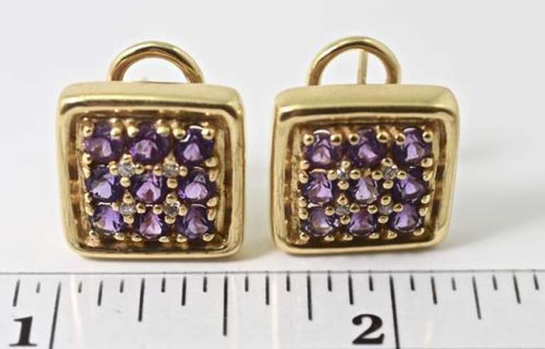 Amethyst and Diamond 14K Square Button Earrings