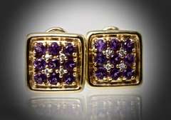 Amethyst and Diamond 14K Square Button Earrings