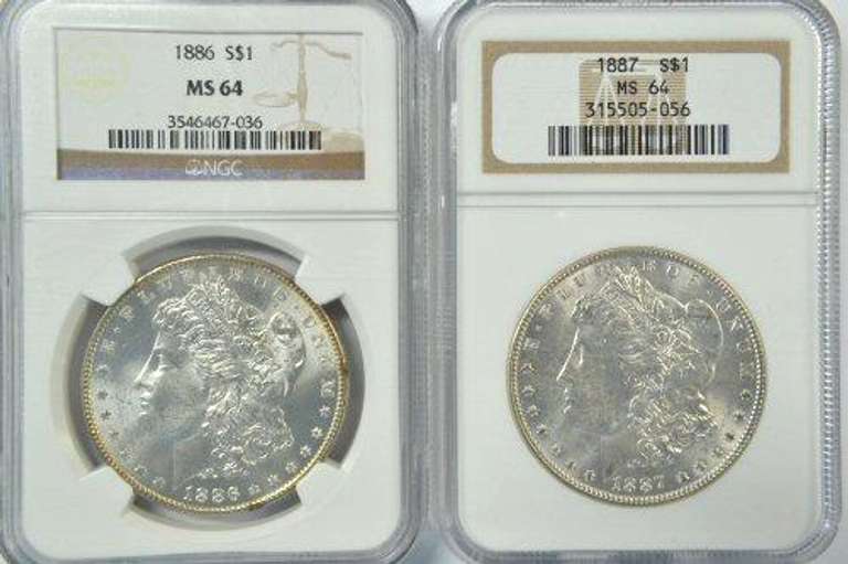 Near Gem BU 1885 & 1886 Morgan Silver Dollars. NGC MS64