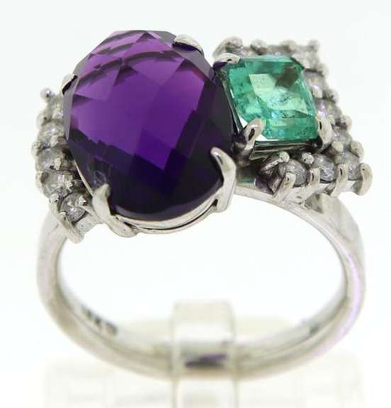 Opulent 18kt WG Amethyst, Emerald and Diamond Abstract CocktailRing