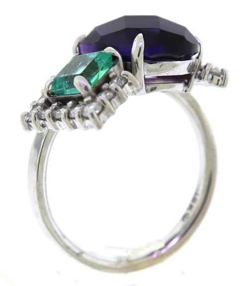 Opulent 18kt WG Amethyst, Emerald and Diamond Abstract CocktailRing