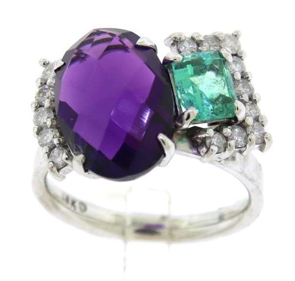 Opulent 18kt WG Amethyst, Emerald and Diamond Abstract CocktailRing