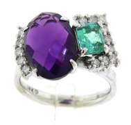 Opulent 18kt WG Amethyst, Emerald and Diamond Abstract CocktailRing