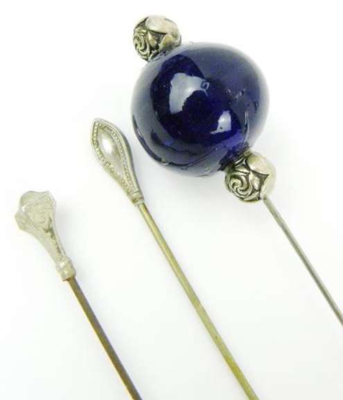 3 Sterling & Art Glass Hat Pins