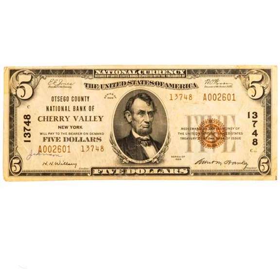 $5 Otsego County National Bank Of Cherry Valley NY