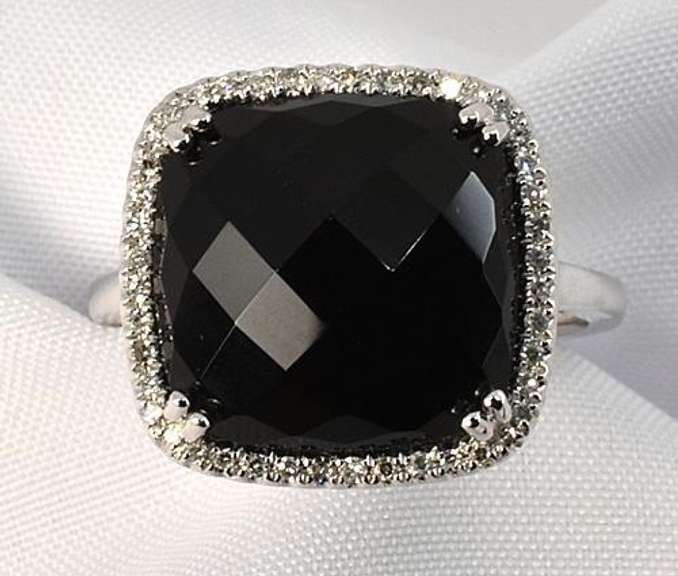 Stylish Black Agate & Diamond Ring in 14K WG