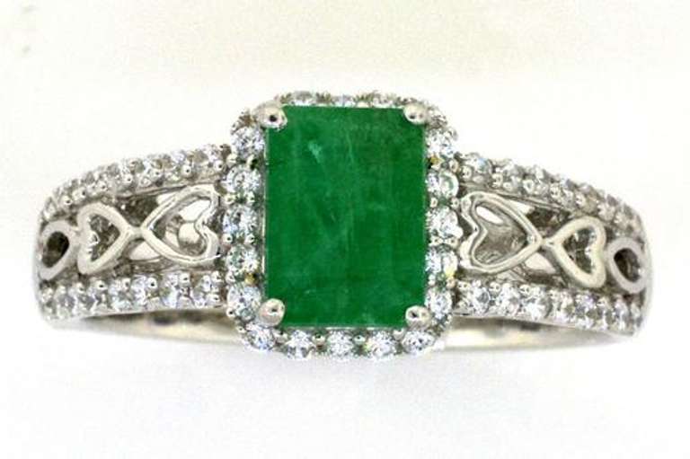 Stylish Natural Emerald & CZ Sterling Silver Ring