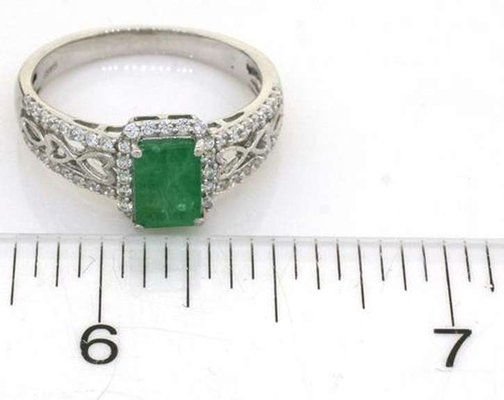 Stylish Natural Emerald & CZ Sterling Silver Ring