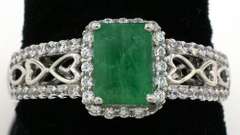 Stylish Natural Emerald & CZ Sterling Silver Ring